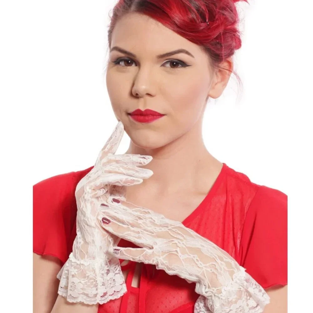 White Lace Gloves Wrist Length w Ruffle Dressy Weddings Party Bridal Prom